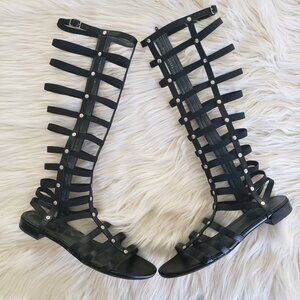 Stuart Weitzman Size 7 Gladiator Sandals Black Flat Cage Leather Soles Zipper